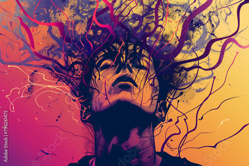 Vector Illustration of Person in High Stress: Chaotic Elements and Exploding Brain Art