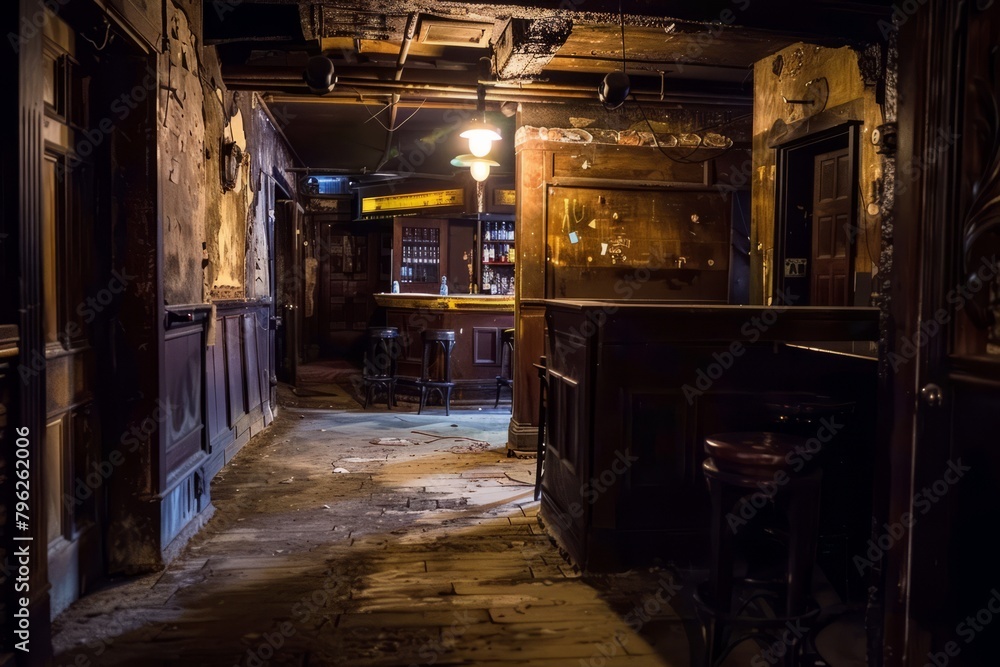 A deserted speakeasy with secret entrances and hidden alcoves, frozen in time from the prohibition era, Generative AI A deserted speakeasy with secret entrances and hidden alcoves, frozen in time from the prohibition era, Generative AI