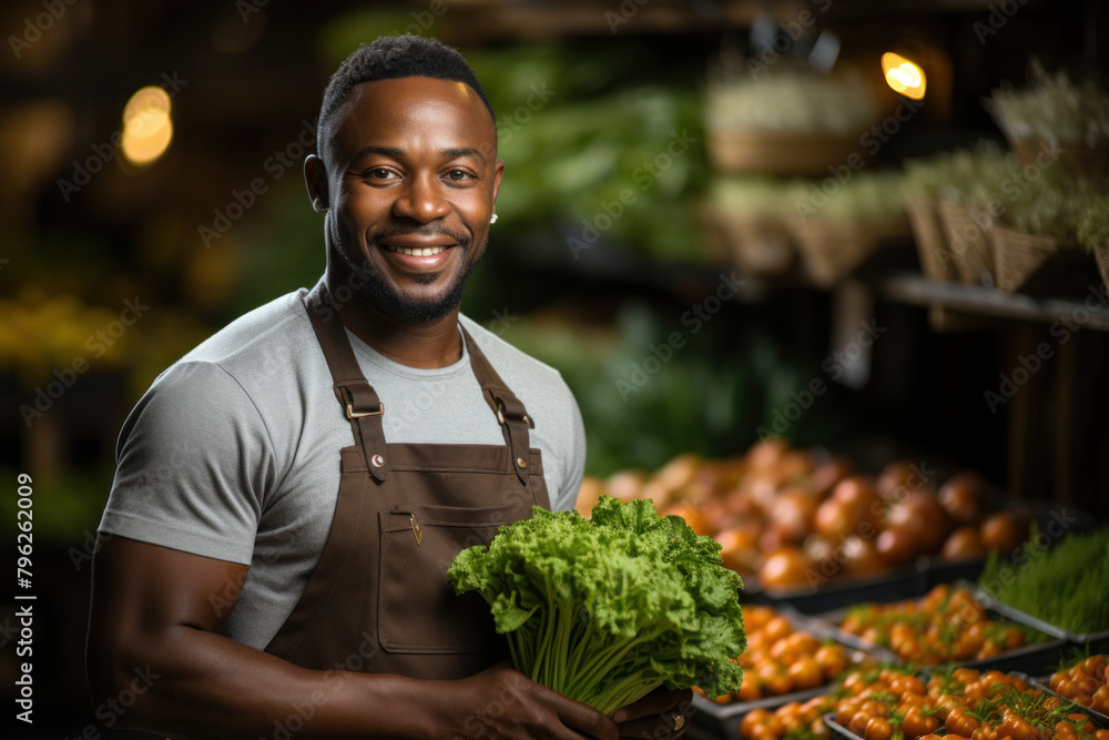 A young, happy man, a gardener, is growing lettuce in a greenhouse. A young, happy man, a gardener, is growing lettuce in a greenhouse.