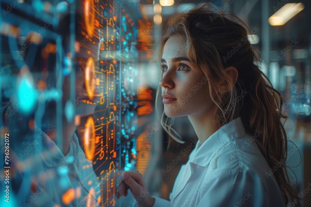 A young woman is engaged with a holographic display showing bright digital graphics in a tech environment A young woman is engaged with a holographic display showing bright digital graphics in a tech environment