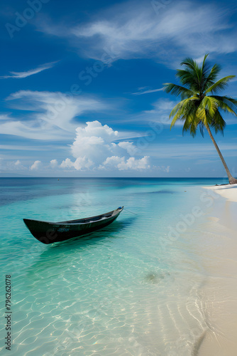 Panoramic View of a Pristine Tropical Beach with a Lonely Boat in the Distance