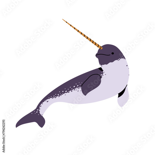 Cute narwhal swimming. Dolphin or whale with tusk. Unicorn fish of cold polar water. Underwater animal, north ocean fauna, arctic sea inhabitant. Flat isolated vector illustration on white background
