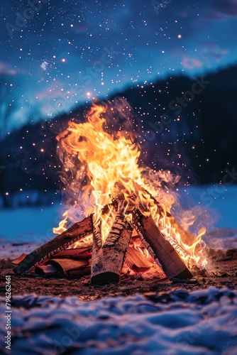 A campfire burning brightly in the middle of a snowy field, creating warmth and light in the cold winter night
