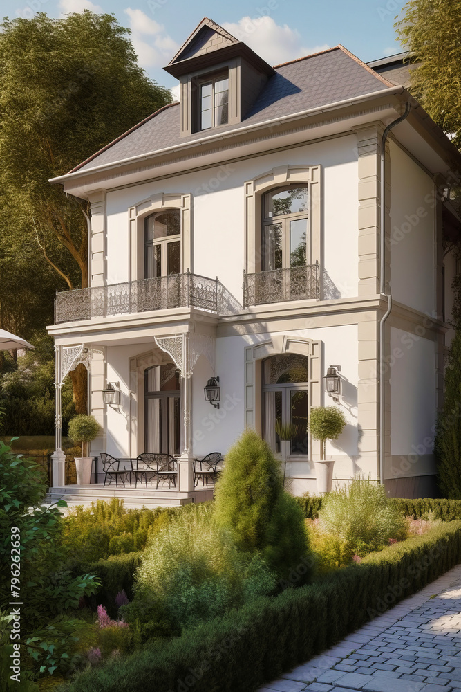 House in classic European architectural style with balcony above the porch.