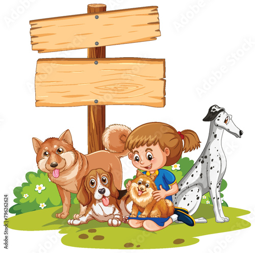 Young girl with three dogs by a blank sign.