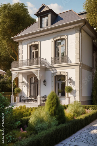 House in classic European architectural style with balcony above the porch. © tynza