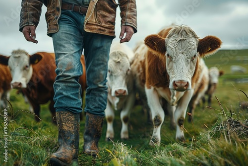 A farmer walks closely with two cows in a lush, flower-speckled pasture, embodying the bond between man and animal in farming photo