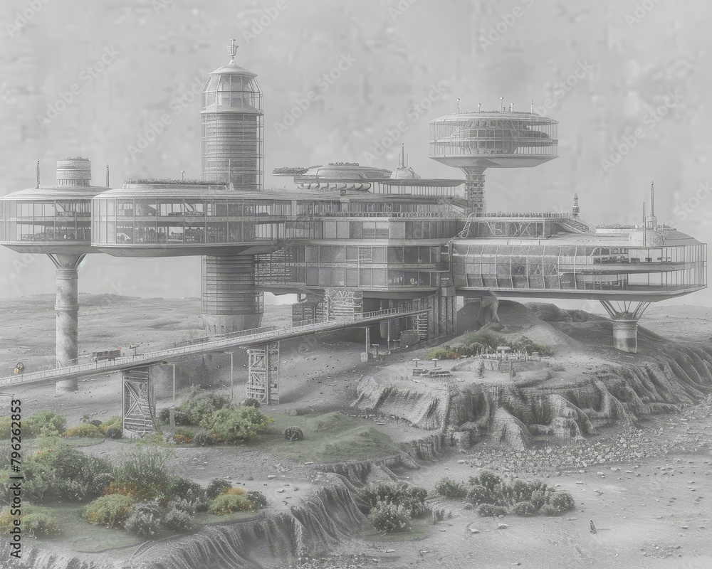 A black and white drawing of a futuristic city on a rocky coast.