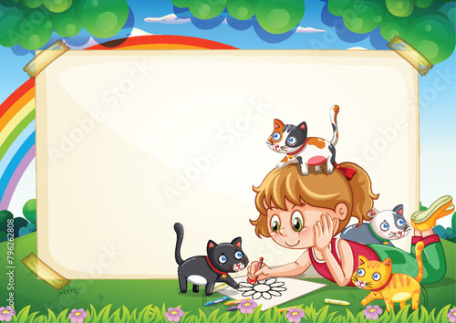 Young girl playing with four cats near a blank sign.