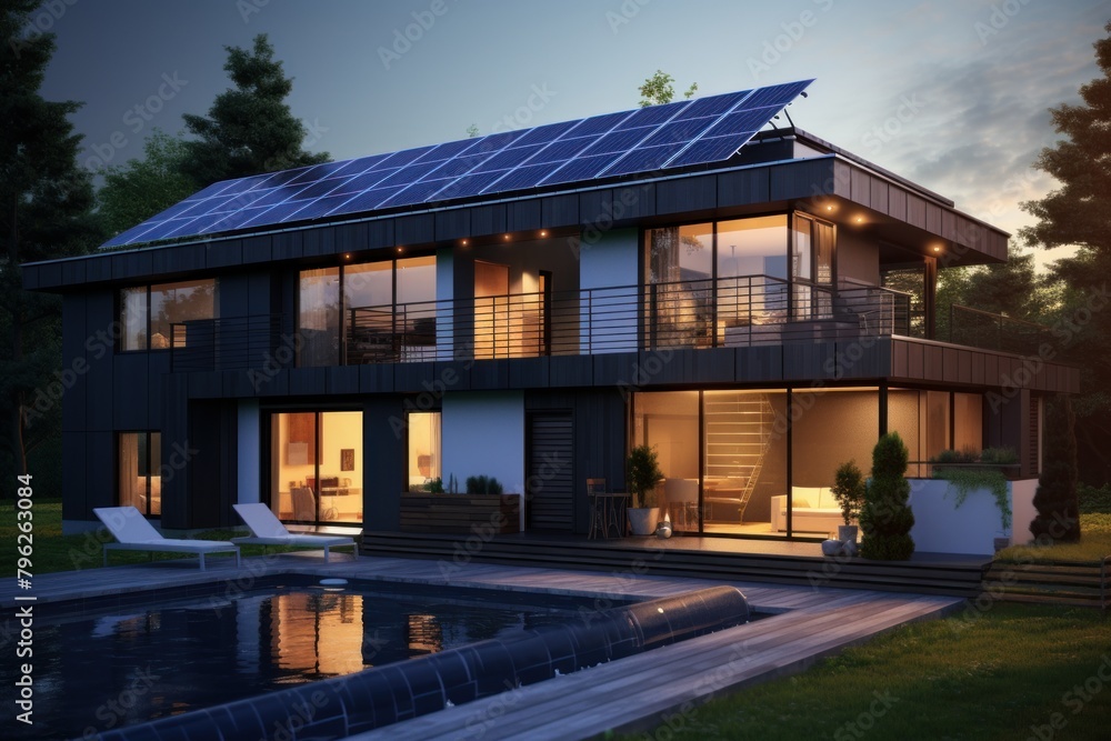 Solar panels on the roof of the modern house. Renewable energy, ecology, environment concept. Solar panels on the roof of the modern house. Renewable energy, ecology, environment concept.