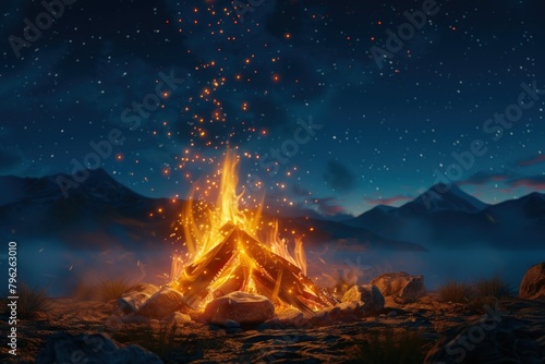 A fire blazes in the middle of a field  with towering mountains in the background under the night sky