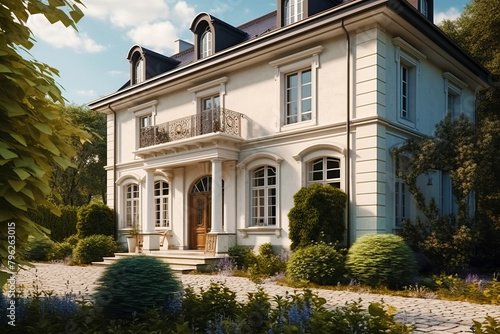 Rich house in classic European architectural style with balcony above the porch.