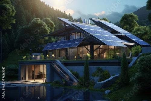 Modern house with solar panels on the roof. Renewable energy  ecology  environment concept.