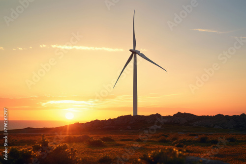 Single wind turbine at sunset, aerial view. Renewable energy, ecology, environment concept