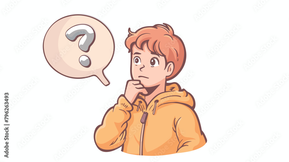 Young man with question mark in think bubble. Flat style