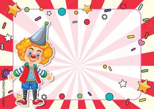 Cheerful clown with festive background and decorations.