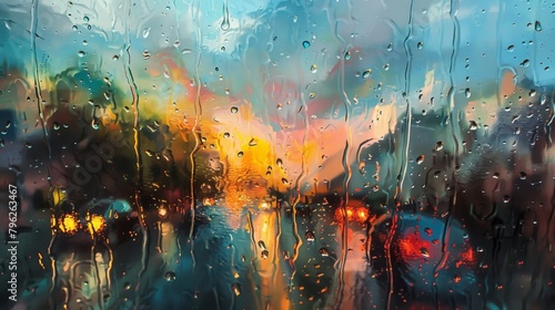 Raindrops streaming down a windowpane, distorting the view outside into a dreamy and abstract painting of the world beyond.