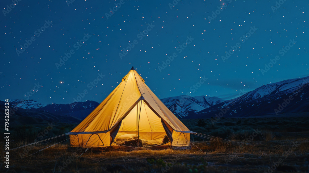 A tent illuminated by light stands out in the dark mountain landscape