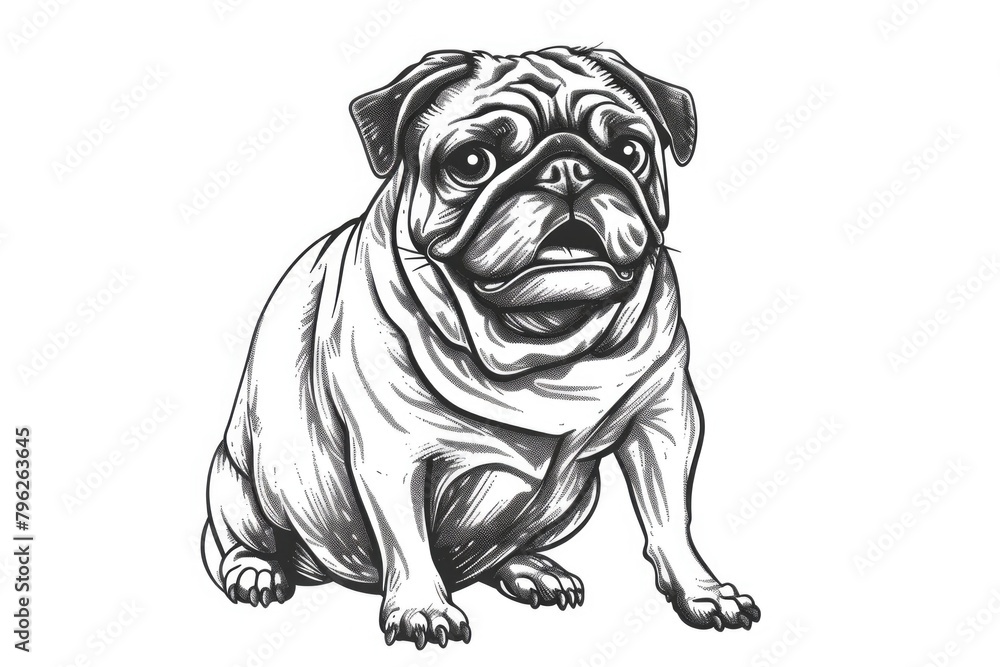 Detailed black and white drawing of a pug dog. Perfect for pet lovers and animal enthusiasts