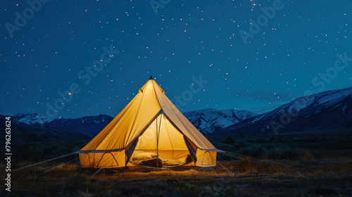 A tent illuminated by light stands out in the dark mountain landscape