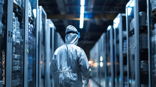 Workers in cold storage suits, managing frozen products in a vast refrigerated warehouse photo