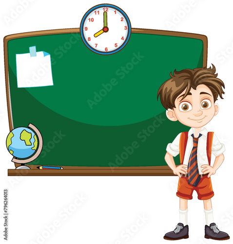 Cheerful boy standing in front of a classroom blackboard