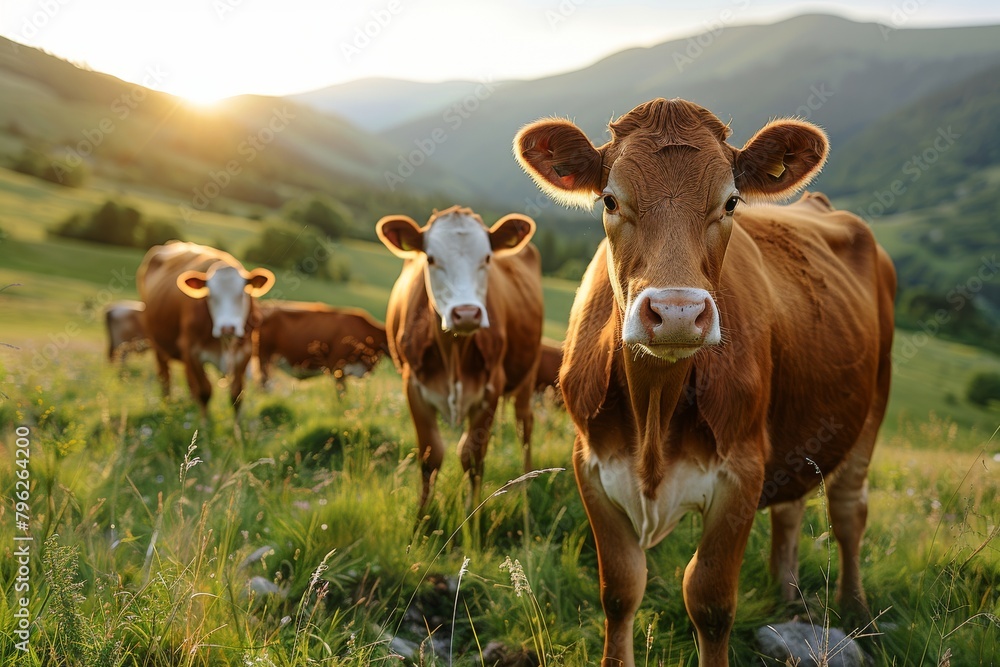 An evocative image of cows in a scenic pasture, bathed in the warm golden hour sunlight of dusk
