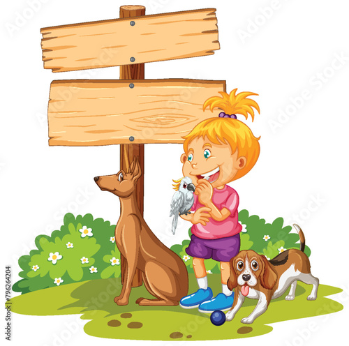 Young girl with two dogs by a signpost in park.