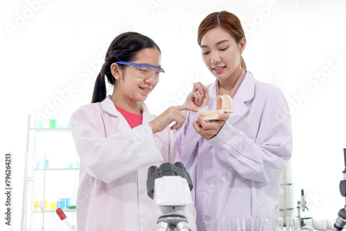Happy young student girl in lab coat studying knowledge of teeth at school laboratory. Asian female teacher teaches schoolgirl child about oral cavity science. Kid learning science education.