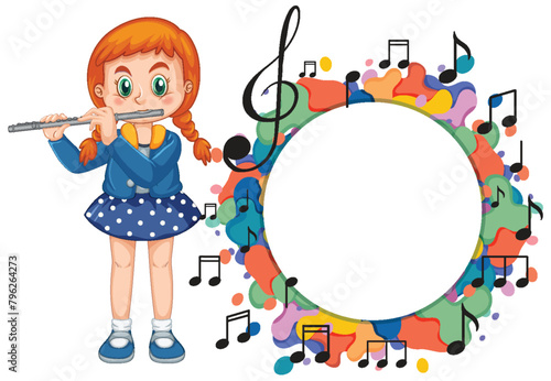 Illustration of a girl playing flute, colorful musical theme.