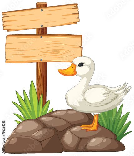 Cartoon duck standing next to a blank sign.