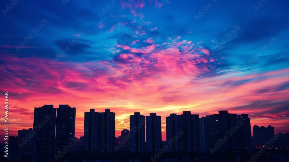 Silhouettes of buildings against a colorful sunrise sky in the city, awakening urban landscapes