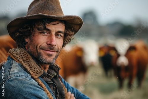 Captivating shot of a cowboy with a charming smile and a rural barn backdrop with cows