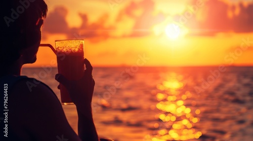 Silhouette of a person enjoying a glass of refreshing fruit smoothie against a vibrant sunset backdrop