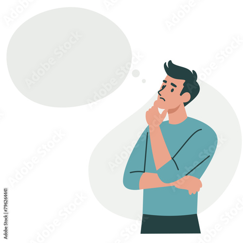 Flat vector illustration. Young man thinking about something, pensive pose. Speech bubble and space for your text . Vector illustration