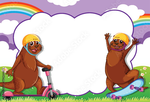 Two otters playing with scooter and skateboard.
