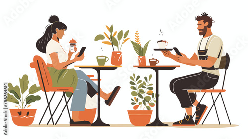 Young woman and man sitting with smartphones and drin photo