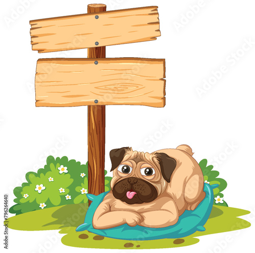 Cute pug lying near a blank wooden sign.