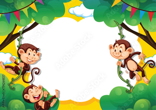 Three monkeys swinging and playing in a vibrant frame.