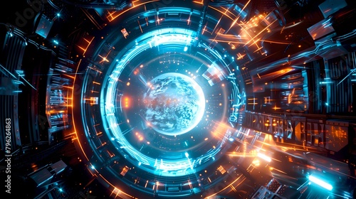 Futuristic Circular Portal in Neon Blue Hues, Sci-Fi Tunnel Entrance Concept, Digital Art Illustration, Vision of Future Architecture. AI