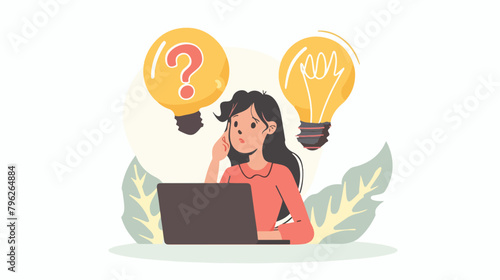 Young woman before the laptop with question mark