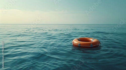 Serene Ocean with a Single Lifebuoy Floating on Calm Waters. A Symbol of Safety and Hope Amidst Tranquility. Minimalist Aquatic Scene. Perfect for Calm Visuals. AI photo
