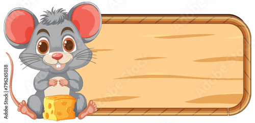 Cute mouse holding cheese beside wooden sign