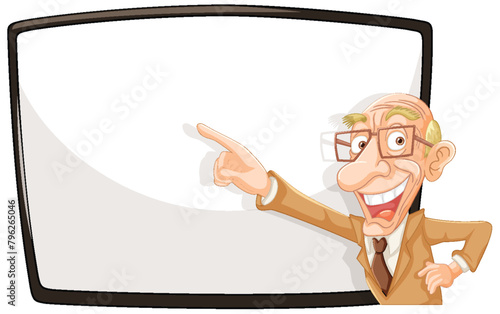 Animated professor pointing at an empty whiteboard