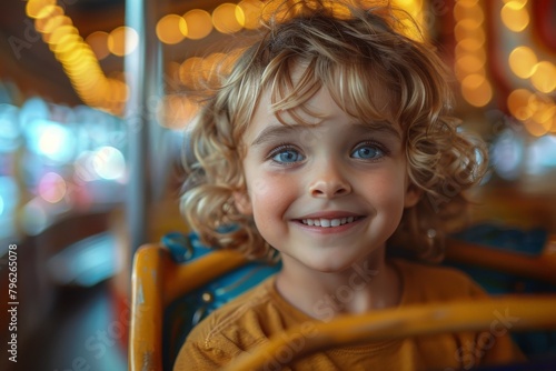 A smiling young child with curly hair enjoying a ride on a carousel, lit with warm bokeh lights © Nena Ai