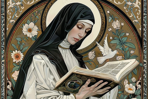 Saint Teresa of Avila holding an open Bible. AI generative. photo