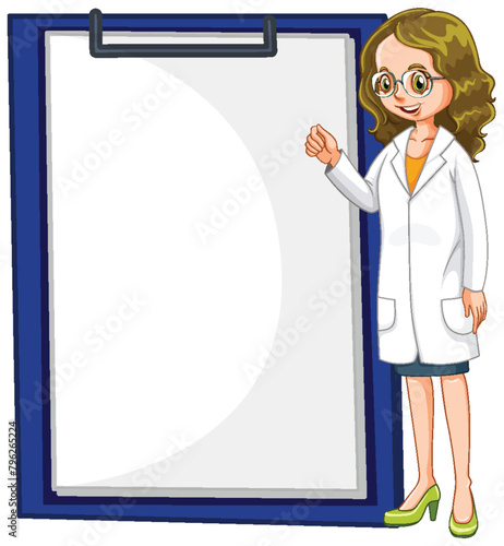 Cartoon scientist with clipboard pointing and explaining.