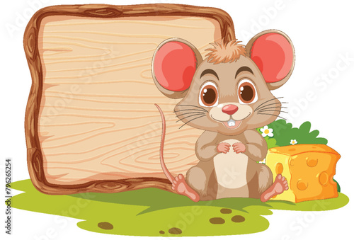 Cute mouse beside cheese and empty signboard