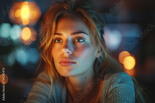 Woman in cozy sweater gazing thoughtfully, with warm ambient light around her