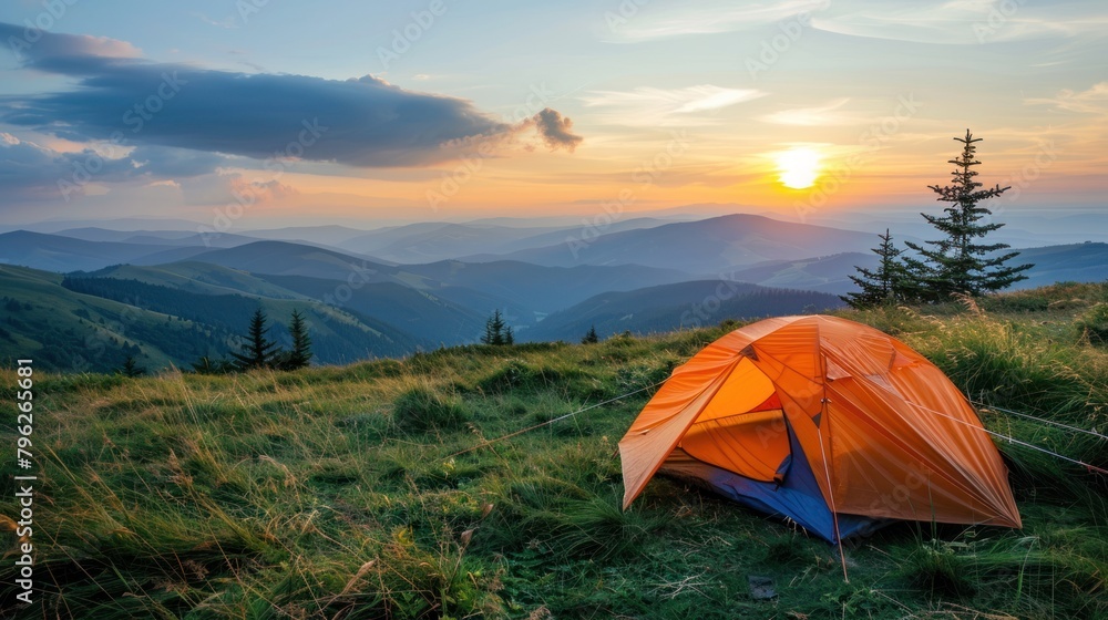 A bright orange tent is pitched on a grassy hill as the sun sets in the background, casting a warm glow over the landscape